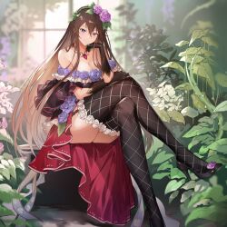 Rule 34 | 1girl, bare shoulders, blue eyes, breasts, brown hair, cleavage, collar, commentary request, crossed arms, crossed legs, day, dress, elbow gloves, fishnet thighhighs, fishnets, flower, full body, garter straps, gloves, granblue fantasy, hair ornament, hand rest, high heels, highres, indoors, long hair, looking at viewer, medium breasts, nr noir, rosetta (granblue fantasy), simple background, sitting, smile, strapless, strapless dress, thighhighs, thighs, thorns, window
