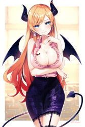 Rule 34 | 1girl, bat tattoo, blonde hair, blue eyes, breast tattoo, breasts, cleavage, demon girl, demon horns, demon tail, demon wings, garter straps, hololive, horns, large breasts, looking at viewer, n gyou, skirt, sleeveless, solo, tail, tattoo, thighhighs, virtual youtuber, winged heart, wings, yuzuki choco, yuzuki choco (1st costume)