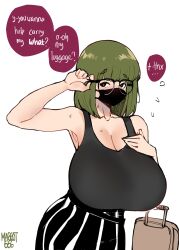 Rule 34 | + +, 1girl, absurdres, black-framed eyewear, black eyes, blush, breasts, cleavage, commentary, english text, glasses, green hair, grey tank top, highres, huge breasts, mask, medium hair, mouth mask, norman maggot, original, over-rim eyewear, rolling suitcase, semi-rimless eyewear, solo, speech bubble, suitcase, sweat, symbol-only commentary, tank top