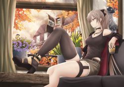 Rule 34 | 2girls, autumn leaves, azur lane, black footwear, black headwear, black jacket, black nails, black ribbon, black shirt, black thighhighs, breasts, brown hair, brown shorts, choker, cleavage, clothing cutout, commentary request, cup, cutoffs, dunkerque (afternoon venus) (azur lane), dunkerque (azur lane), feet on table, flag, flower, grey hair, hair ribbon, hat, high heels, holding, holding cup, jacket, jean bart (azur lane), jewelry, long hair, manjuu (azur lane), medium breasts, midriff peek, multiple girls, nail polish, necklace, open clothes, open jacket, ponytail, red eyes, ribbon, shirt, short shorts, shorts, shoulder cutout, single thighhigh, sitting, skull necklace, syn (synstyle), thigh strap, thighhighs, thighs, tree, window