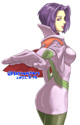 1girl breasts dress high_collar looking_at_viewer medium_breasts miang_hawwa outstretched_arm pantyhose parted_lips pilot_suit purple_eyes purple_hair short_dress short_hair solo sonomoto_shinzou_(natsume_kyouji) xenogears