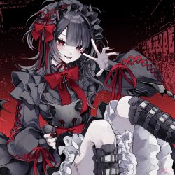 Rule 34 | 1girl, 402 (o0 xxx), :d, arm up, black dress, black footwear, black hair, black horns, blunt bangs, boots, bow, cross, demon horns, dress, fang, fingernails, frilled dress, frills, gothic lolita, hairband, highres, horns, juliet sleeves, knee boots, knees up, large bow, light blush, lolita fashion, lolita hairband, long eyelashes, long fingernails, long hair, long sleeves, looking at viewer, mole, mole under mouth, nail polish, open mouth, original, pale skin, piercing, puffy sleeves, red bow, red eyes, red nails, red ribbon, ribbon, scar, scar on leg, sharp fingernails, sidelocks, sitting, slit pupils, small horns, smile, solo, stuffed animal, stuffed cat, stuffed toy, tongue piercing, two side up, victory