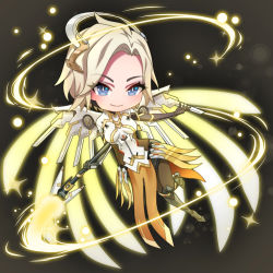 Rule 34 | 1girl, armor, blonde hair, blue eyes, breasts, bright pupils, brown background, brown pantyhose, chibi, diamond-shaped pupils, diamond (shape), energy, full body, glowing, glowing wings, greaves, halo, highres, holding, holding staff, leg up, light particles, looking at viewer, mechanical halo, mechanical wings, medium breasts, mercy (overwatch), no nose, outstretched hand, overwatch, overwatch 1, overwatch 2, pantyhose, pelvic curtain, short hair, smile, solo, sparkle, spread wings, staff, sumino akasuke, symbol-shaped pupils, white pupils, wings, yellow wings