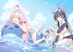 Rule 34 | 5girls, animal ear fluff, animal ears, ayane (blue archive), ayane (swimsuit) (blue archive), ball, beachball, bikini, black bikini, black hair, blue archive, blue eyes, blue sky, breasts, cloud, day, eyewear on head, fang, foreclosure task force (blue archive), glasses, grey hair, hair between eyes, hair ribbon, halo, hoshino (blue archive), hoshino (swimsuit) (blue archive), inflatable toy, inflatable whale, large breasts, light brown hair, long hair, lying, medium breasts, multiple girls, nonomi (blue archive), nonomi (swimsuit) (blue archive), on stomach, one-piece swimsuit, one eye closed, open mouth, outdoors, pink eyes, pink hair, pointy ears, red-framed eyewear, ribbon, serika (blue archive), serika (swimsuit) (blue archive), shiroko (blue archive), shiroko (swimsuit) (blue archive), shorts, sky, small breasts, standing, striped bikini, striped clothes, sunglasses, swimsuit, tautiki, twintails, very long hair, water, white bikini, yellow bikini