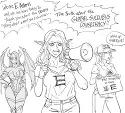 Rule 34 | 3girls, baseball cap, bb (baalbuddy), breasts, cleavage, closed mouth, commentary, contrapposto, demon girl, demon horns, demon wings, denim, elf, english commentary, english text, eye of providence, greyscale, hair over one eye, hand on own hip, hat, highres, holding, holding sign, horns, illuminati, jeans, large breasts, leotard, make america great again, megaphone, monochrome, multiple girls, open mouth, original, pants, parody, pointy ears, qanon, shirt, sign, sweat, thigh gap, thighhighs, triangle mouth, wings, wristband