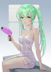 Rule 34 | 1girl, absurdres, breasts, cleavage, colored eyelashes, green eyes, green hair, hair between eyes, hair dryer, hatsune miku, highres, holding, holding hair dryer, long hair, naked towel, samsafe, sidelocks, sitting, solo, thighs, towel, twintails, vocaloid