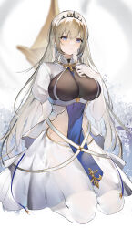 Rule 34 | 1girl, absurdres, azur lane, blonde hair, blue eyes, breasts, elbow gloves, flantia, floral background, gloves, hair ornament, hand on own chest, highres, kneeling, large breasts, long hair, looking at viewer, painleve (azur lane), solo, white background