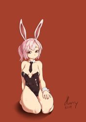 Rule 34 | 1girl, animal ears, arm behind back, bad id, bad pixiv id, bare legs, bare shoulders, barefoot, breasts, brown background, brown eyes, collarbone, covered navel, dated, detached collar, elin, fake animal ears, full body, harry (dudwofla), harry (pixiv 14872429), highres, leotard, long hair, necktie, pink hair, playboy bunny, ponytail, rabbit ears, seiza, signature, simple background, sitting, smile, solo, tera online, thighs, wrist cuffs