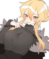 1girl blonde_hair blush breasts dress grey_dress hair_bun highres holding holding_riding_crop jacket koyashaka large_breasts leaning_back long_hair long_sleeves looking_at_viewer nicole_elika_(koyashaka) original pale_skin riding_crop single_hair_bun solo whip white_background yellow_eyes