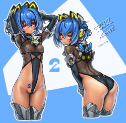 Rule 34 | 1girl, arms up, ass, blue hair, boots, breasts, cropped legs, dated, hair between eyes, headgear, highleg, highleg leotard, highres, leotard, looking at viewer, multiple views, original, pubic tattoo, red eyes, short hair, signature, small breasts, takada kazuhiro, tattoo, thigh boots