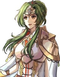 Rule 34 | 1girl, armor, breastplate, brown eyes, commentary request, elincia ridell crimea, eyelashes, fire emblem, fire emblem: radiant dawn, gem, green gemstone, green hair, highres, long hair, nintendo, open mouth, parted lips, shidanna1227, shoulder armor, simple background, smile, solo, tiara, upper body, white background