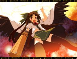 Rule 34 | 1girl, :d, arm cannon, black thighhighs, bow, brown hair, cape, caution, female focus, from below, hair bow, lens flare, long hair, navel, open mouth, radiation symbol, red eyes, reiuji utsuho, skirt, smile, solo, star (sky), thighhighs, third eye, touhou, weapon, wings, yamasan, zettai ryouiki