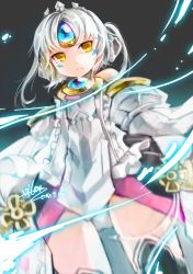 Rule 34 | 10s, 1girl, 2014, bad id, bad pixiv id, code: empress (elsword), dated, detached sleeves, elsword, eve (elsword), expressionless, forehead jewel, from below, grey background, miniskirt, panties, pantyshot, short hair, signature, skirt, solo, underwear, upskirt, vilor, white hair, yellow eyes