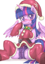 Rule 34 | 1girl, blush, bow, christmas, clothes lift, dress, dress lift, elbow gloves, gloves, hat, hoihoi, horns, long hair, my little pony, my little pony: friendship is magic, panties, purple eyes, purple hair, santa hat, single horn, smile, solo, spread legs, thighhighs, twilight sparkle, underwear, white background, wings