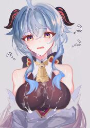Rule 34 | 1girl, 63k9a, ?, ahoge, bare shoulders, bell, blue hair, blush, bow, breasts, commentary, cum, cum on body, cum on breasts, cum on clothes, cum on upper body, detached sleeves, facial, ganyu (genshin impact), genshin impact, heavy breathing, highres, horns, large breasts, long hair, looking at viewer, neck bell, purple eyes, sidelocks, solo, upper body, wavy mouth