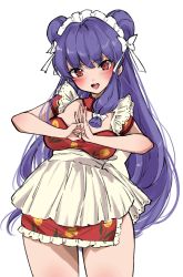Rule 34 | 1girl, apron, blush, breasts, chigasaki yukari, chinese clothes, double bun, dress, fist in hand, floral print, frills, hair bun, highres, long hair, looking at viewer, maid, medium breasts, open mouth, purple hair, qi maid, ranma 1/2, red dress, red eyes, shampoo (ranma 1/2), short dress, simple background, solo, white apron, white background