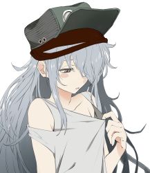 Rule 34 | 1girl, blush stickers, brown eyes, clothes pull, collarbone, commentary request, flat chest, g11 (girls&#039; frontline), girls&#039; frontline, grey hair, hair over one eye, hat, highres, long hair, looking down, open mouth, ripod, shirt pull, shirt tug, solo, tank top, upper body, very long hair, white background