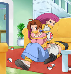 Rule 34 | 2girls, absurdres, bdsm, blue bow, blue eyes, bondage, bound, bound ankles, bound legs, bow, breasts, brown eyes, brown hair, creatures (company), crop top, delia ketchum, earrings, gag, gagged, game freak, hair bow, highres, improvised gag, jessie (pokemon), jewelry, long hair, looking at another, lost one zero, mature female, multiple girls, nintendo, parted bangs, poke ball, poke ball (basic), pokemon, pokemon (anime), pokemon sm (anime), purple hair, shoes, skirt, sweat, tank top, tape, tape bondage, tape gag, team rocket