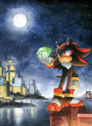 Rule 34 | 1boy, bridge, building, chaos emerald, city, finik, full moon, gloves, highres, moon, night, night sky, outdoors, reflection, reflective water, shadow the hedgehog, shoes, sky, skyscraper, solo, sonic (series), star (sky), starry sky, water, white gloves
