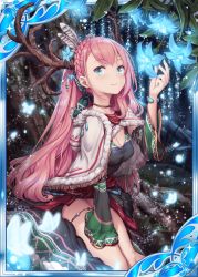 Rule 34 | 1girl, akkijin, antlers, black dress, blue eyes, blue flower, breasts, bug, butterfly, cape, card (medium), cleavage, deer antlers, dress, flower, forest, horns, insect, looking at viewer, nature, official art, pink hair, seiza, shinkai no valkyrie, sitting