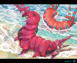 Rule 34 | 45 (maruyaki45), absurdres, alternate color, beach, bug, creatures (company), dated, day, game freak, gen 3 pokemon, gen 5 pokemon, highres, letterboxed, nintendo, no humans, outdoors, partially submerged, pokemon, pokemon (creature), scolipede, shiny pokemon, water, wingull