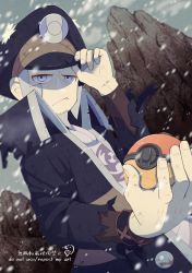 Rule 34 | 1boy, bad id, bad pixiv id, black coat, black hat, buttons, closed mouth, coat, commentary request, creatures (company), facial hair, frown, game freak, grey eyes, grey hair, hand on headwear, hat, high collar, highres, holding, holding poke ball, ingo (pokemon), long sleeves, male focus, midzunko (moobojisan), nintendo, open clothes, open coat, outdoors, pearl clan outfit, poke ball, poke ball (legends), pokemon, pokemon legends: arceus, short hair, sideburns, snowing, solo, torn clothes, torn coat