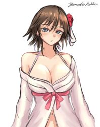 Rule 34 | 1girl, azur lane, bare shoulders, blue eyes, breasts, brown hair, commentary request, cosplay, detached sleeves, flower, hair flower, hair ornament, hiei (azur lane), hiei (azur lane) (cosplay), hiei (kancolle), hiei (moonlit cruise) (azur lane), historical name connection, kantai collection, large breasts, long hair, midriff, name connection, navel, one-hour drawing challenge, rekka yamato, short hair, simple background, solo, upper body, white background
