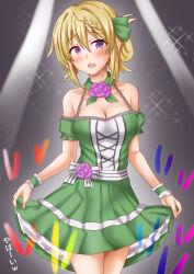 Rule 34 | 1girl, alternate costume, anti (untea9), blonde hair, blush, breasts, cleavage, cowboy shot, dress, glowstick, green dress, hair between eyes, highres, kantai collection, large breasts, looking at viewer, open mouth, perth (kancolle), purple eyes, short hair, short sleeves, skirt hold, solo, stage lights, wrist cuffs