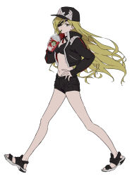 Rule 34 | 1girl, absurdres, adapted costume, alternate costume, baseball cap, bikini, bikini top only, black bikini, black hat, black jacket, black shorts, blonde hair, breasts, commentary request, cropped jacket, cup, drink, drinking, drinking straw, drinking straw in mouth, eyepatch, frappuccino, full body, green eyes, hand on own hip, hat, highres, holding, holding cup, jacket, long hair, looking at viewer, one eye covered, open clothes, open jacket, othinus, sandals, short shorts, shorts, simple background, small breasts, solo, starbucks, swimsuit, teruya (6w6y), toaru majutsu no index, toaru majutsu no index: new testament, walking, white background