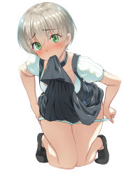 Rule 34 | 10s, 1girl, b-ginga, blush, clothes in mouth, clothes lift, german clothes, green eyes, kantai collection, kneeling, knees together feet apart, looking at viewer, mouth hold, panties, panty pull, short hair, silver hair, simple background, skirt, skirt in mouth, skirt lift, solo, underwear, white background, z1 leberecht maass (kancolle)