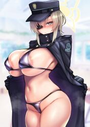 Rule 34 | 1girl, absurdres, areola slip, bikini, bikini under clothes, black bikini, black hat, blue archive, breasts, closed mouth, coat, eyepatch, gloves, green eyes, halo, hat, highres, jacket, kagami uekusa, large breasts, light brown hair, looking at viewer, micro bikini, military uniform, open clothes, peaked cap, solo, suou (blue archive), swimsuit, uniform
