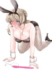 Rule 34 | 1girl, all fours, alternate costume, animal ears, bare shoulders, black leotard, black pantyhose, blush, bow, bowtie, breasts, cleavage, covered navel, cup, detached collar, drink, drinking glass, fake animal ears, glass, high heels, highres, kantai collection, large breasts, leotard, long hair, looking at viewer, pantyhose, playboy bunny, rabbit ears, rabbit tail, ranger (kancolle), shamo (ptwmjgda), shirt, solo, strapless, strapless leotard, tail, traditional bowtie, white shirt, wine glass, wrist cuffs