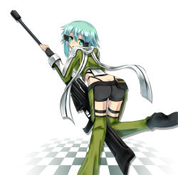 Rule 34 | 10s, 1girl, aqua eyes, aqua hair, ass, bent over, breasts, butt crack, female focus, fingerless gloves, from behind, gloves, gun, headgear, highres, kiryu264, leaning, leaning forward, looking at viewer, looking back, open mouth, parted lips, rifle, scarf, short hair, short shorts, shorts, sinon, sniper rifle, solo, sword art online, weapon
