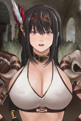 Rule 34 | 1girl, bad id, bad pixiv id, barbara (brown dust), black hair, breasts, brown dust, cleavage, eshengrenniao, feathers, highres, large breasts, long hair, looking at viewer, no bra, open mouth, red eyes, red feathers, solo, tank top, upper body, white feathers