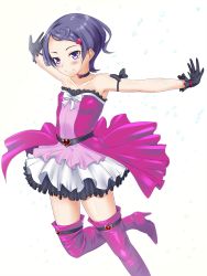 Rule 34 | 1girl, bare shoulders, belt, black hair, blush, boots, choker, dokidoki! precure, gloves, hair ornament, heart hair ornament, highres, kenzaki makoto, outstretched arms, precure, purple eyes, shirota mizuki, skirt, smile, solo, spread arms, standing, standing on one leg, thigh boots, thighhighs, zettai ryouiki