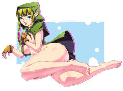 Rule 34 | 1girl, ass, bokuman, braid, breasts, covering privates, feet, hood, hyrule warriors, linkle, looking at viewer, nintendo, shiny skin, solo, the legend of zelda, twin braids