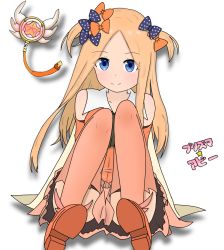Rule 34 | 1girl, abigail williams (fate), alternate color, ass, atsumisu, bad id, bad pixiv id, bare shoulders, black bow, blue eyes, blush, boots, bow, brown footwear, brown skirt, brown thighhighs, closed mouth, collarbone, commentary request, cosplay, detached sleeves, fate/grand order, fate/kaleid liner prisma illya, fate (series), forehead, green shirt, hair bow, highres, kaleidostick, long hair, orange bow, orange sleeves, parted bangs, polka dot, polka dot bow, prisma illya, prisma illya (cosplay), shirt, shoe soles, skirt, smile, solo, star (symbol), thigh boots, thighhighs, translation request, two side up, very long hair, white background