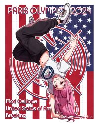 Rule 34 | 1girl, 2024 summer olympics, absurdres, american flag, american flag background, black pants, border, breaking, commentary, english commentary, english text, highres, hololive, hololive english, long hair, meiyoshima, midriff, mori calliope, navel, olympic rings, olympics, pants, pink hair, red eyes, shirt, shoes, short sleeves, sneakers, solo, t-shirt, track pants, united states, upside-down, virtual youtuber, white border, white footwear, white shirt