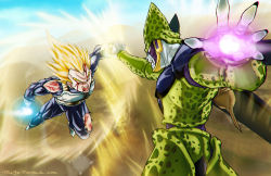 Rule 34 | 2boys, 2nd grade super saiyan, aura, battle, blonde hair, blood, blue eyes, bodysuit, cell (dragon ball), dragon ball, dragonball z, energy ball, eyebrows, flying, gloves, incoming attack, male focus, multiple boys, muscular, perfect cell, spiked hair, super saiyan, super saiyan 1, thick eyebrows, thomas bramall, torn clothes, vegeta, white gloves