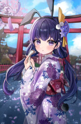 Rule 34 | 1girl, :o, absurdres, aged down, animal ears, architecture, black hairband, blue sky, blurry, blurry background, blush, building, cherry blossoms, child, chinese zodiac, cloud, commentary, day, east asian architecture, eyelashes, fake animal ears, fake tail, fan hair ornament, floral print, flower, genshin impact, hair between eyes, hair flower, hair ornament, hair ribbon, hairband, hands up, hasom, highres, holding, japanese clothes, kimono, long hair, long sleeves, looking at viewer, low twintails, obi, omikuji, outdoors, parted lips, pom pom (clothes), pom pom hair ornament, print kimono, print sash, purple eyes, purple flower, purple hair, purple kimono, rabbit ears, rabbit tail, raiden shogun, red ribbon, red sash, ribbon, sakuramon, sash, seigaiha, sidelocks, sky, solo, standing, tail, tassel, torii, tree, twintails, wide sleeves, wind chime, year of the rabbit