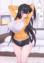 Rule 34 | 1girl, arms behind head, black hair, black shorts, blurry, blurry background, blush, breasts, closed mouth, covered erect nipples, eonsang, girls&#039; frontline, hair between eyes, heterochromia, highres, indoors, jacket, korean text, large breasts, long hair, looking at viewer, multicolored hair, partially unzipped, red eyes, ro635 (girls&#039; frontline), shirt, short shorts, shorts, solo, speech bubble, streaked hair, translation request, white hair, white shirt, yellow eyes, yellow jacket
