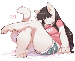 Rule 34 | 1girl, animal ears, arm support, black eyes, black hair, breasts, cat ears, cat tail, crossed legs, curvy, dolphin shorts, eyebrows hidden by hair, feet, furry, furry female, grin, highres, juri-chan, kaeritai07, large breasts, long hair, looking at viewer, original, sanjiro (tenshin anman), shirt, short shorts, shorts, sitting, slit pupils, smile, solo, tail, thick thighs, thighs, white background