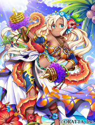 Rule 34 | 1girl, aqua eyes, beach, blonde hair, blue nails, blush, breasts, cleavage, closed mouth, company name, copyright request, dark-skinned female, dark skin, day, flower, gold trim, gyaru, hair flower, hair ornament, iroyopon, large breasts, long hair, looking at viewer, nail polish, navel, outdoors, palm tree, see-through, smile, solo, standing, tree, underboob, very long hair, wavy hair