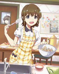 Rule 34 | 10s, 2girls, :d, apron, baking, blue eyes, brown hair, cooking, cutting board, female focus, hayashida airi, indoors, kitchen, looking at viewer, mixing bowl, mole, mole under eye, multiple girls, official art, open mouth, plaid, plaid apron, ribbon, shimada mayu, short hair, smile, solo focus, spatula, table, wake up girls!, wake up girls! stage no tenshi
