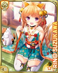 Rule 34 | 1girl, ahoge, animal ears, bakeneko, bell, bow, brown hair, card (medium), cat, cat ears, cat smile, cat tail, character name, cosplay, detached sleeves, dress, fake animal ears, fake tail, girlfriend (kari), green dress, green kimono, hair bell, hair ornament, indoors, japanese clothes, kimono, kneeling, night, official art, open mouth, purple eyes, qp:flapper, solo, suzukawa rino, tail, thighhighs, traditional youkai, white thighhighs