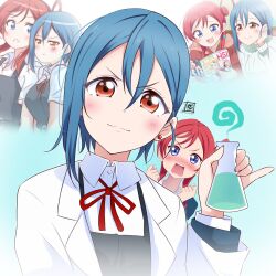 Rule 34 | 2girls, :3, blue eyes, blue hair, blush, clenched hands, closed mouth, coat, commentary request, dress, erlenmeyer flask, flask, furrowed brow, grey dress, hair between eyes, hair bun, highres, holding, holding flask, long sleeves, looking at another, looking at viewer, love live!, love live! superstar!!, magazine (object), medium hair, multiple girls, multiple views, neck ribbon, open mouth, orange eyes, red hair, red ribbon, ribbon, school uniform, shirt, short hair, single side bun, summer uniform, upper body, v-shaped eyebrows, wakana shiki, white coat, white shirt, winter uniform, yoneme mei, yuigaoka school uniform, yuri, zero-theme