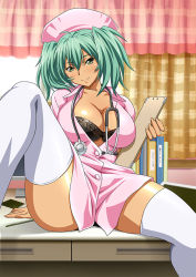 Rule 34 | 00s, 1girl, breasts, green eyes, green hair, hat, holding, ikkitousen, indoors, large breasts, looking at viewer, matching hair/eyes, notepad, nurse, nurse cap, on table, ryofu housen, shiny skin, sitting, smile, solo, spread legs, stethoscope, table, thighhighs, twintails, unbuttoned, unbuttoned shirt, white thighhighs