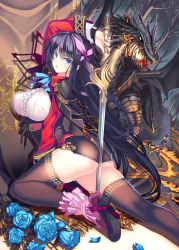 Rule 34 | 1boy, 1girl, artist request, ass, black hair, black thighhighs, blue eyes, breasts, burgund haneiyuutan, cheninblanc (burgund haneiyuutan), coffee cat, dragon, holding, holding weapon, large breasts, long hair, looking at viewer, looking back, ribbon, shorts, sophie (burgund haneiyuutan), sword, thighhighs, weapon