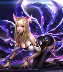 Rule 34 | 1girl, ahri (league of legends), all fours, animal ears, arched back, bare shoulders, blonde hair, bracelet, breasts, choker, cleavage, earrings, facial mark, fox ears, fox tail, heart, heart earrings, high heels, idol, jewelry, k/da (league of legends), k/da ahri, large breasts, league of legends, liang xing, lips, long hair, looking at viewer, makeup, microphone, multiple tails, parted lips, single earring, solo, strapless, swept bangs, tail, thighhighs, whisker markings, yellow eyes