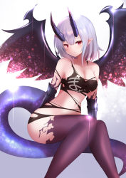 Rule 34 | 1girl, absurdres, bare shoulders, breasts, brown thighhighs, cleavage, closed mouth, commentary request, demon girl, demon horns, demon tail, demon wings, feet out of frame, gradient background, grey background, hair between eyes, highres, horns, knees together feet apart, looking at viewer, medium breasts, navel, original, pointy ears, red eyes, shibakame, silver hair, sitting, solo, tail, thighhighs, torn clothes, torn thighhighs, white background, wings